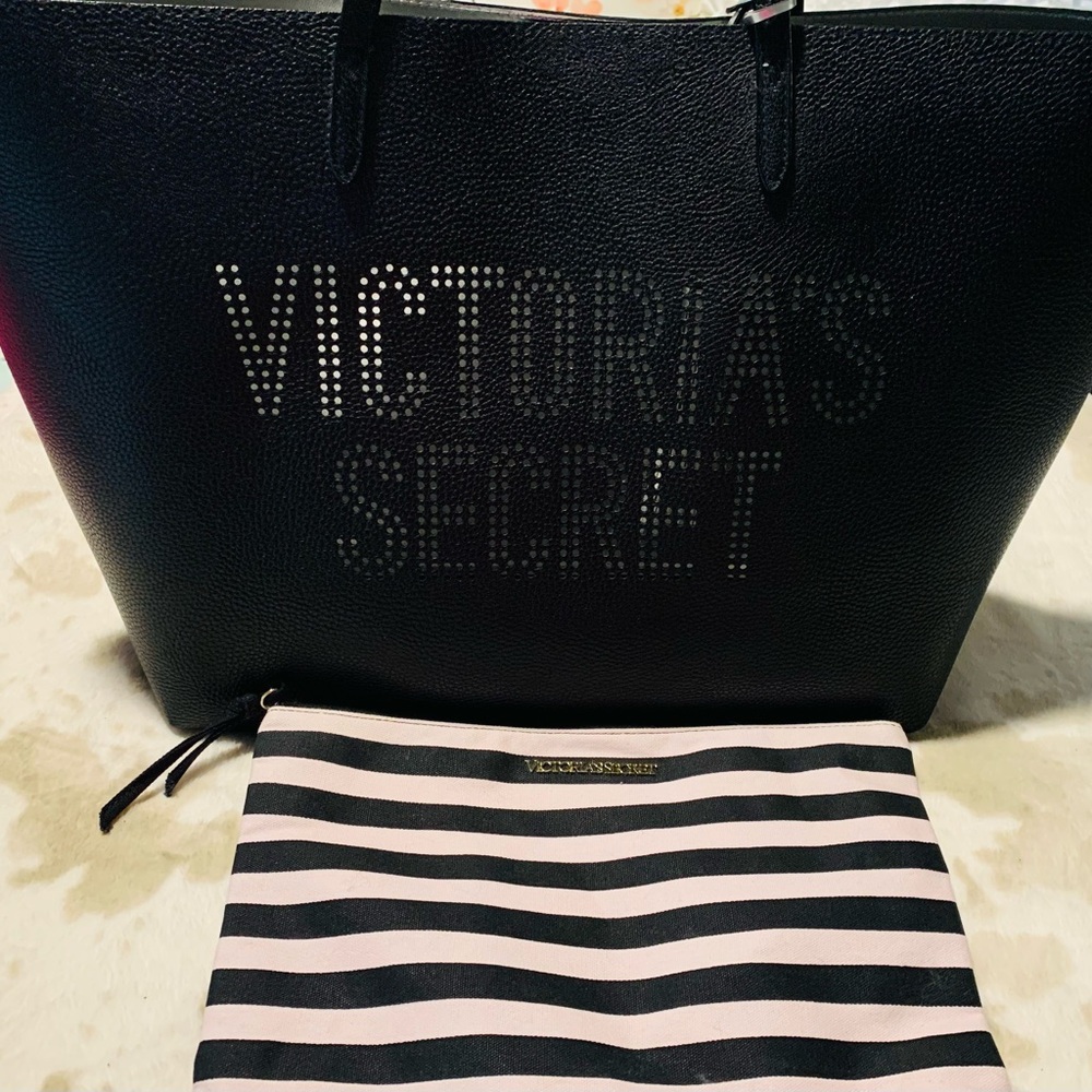 Victoria's Secret Black Tote with Striped Pouch